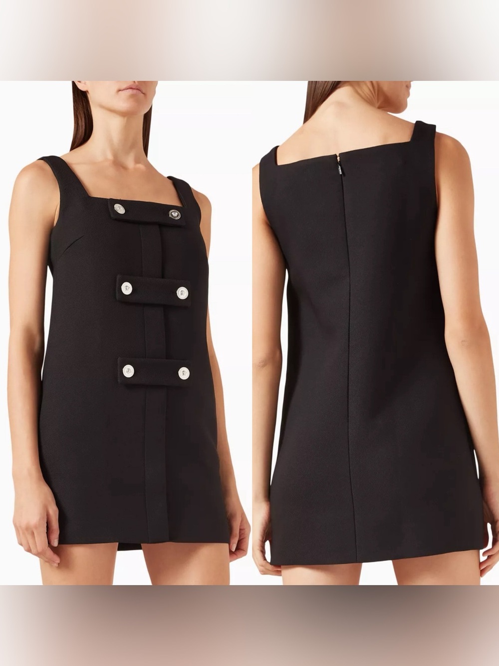 Versace Black Sleeveless Mini Dress Medusa Button Detail Size 50 Designer